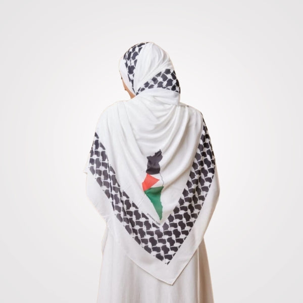 "Turkish fabric Palestinian Khimar in White and Black, measuring 1.5m x 1.5m. Features Palestinian Flag design, embodying cultural significance and ideal as a meaningful gift."