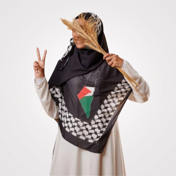 "Turkish fabric Palestinian Khimar, 1.5m x 1.5m, featuring Palestinian Flag print. Cultural significance: Support Palestine and celebrate heritage with this meaningful hijab. Perfect gift for girls appreciating cultural fashion and accessories."
