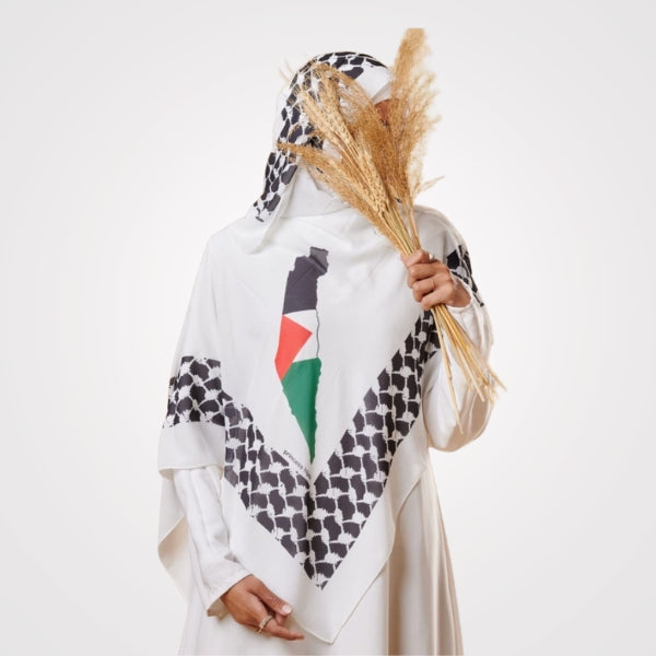"Turkish fabric Palestinian Khimar, 1.5m x 1.5m, adorned with Palestinian Flag print. Embrace cultural heritage with this symbolic hijab, ideal for showing solidarity with Palestine and as a thoughtful gift."