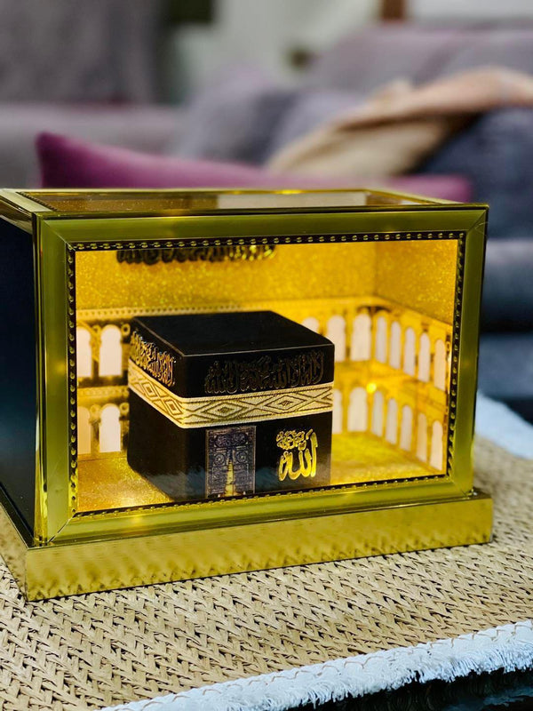 Luxurious Kaaba Model with Elegant and Illuminated Golden Frame Design