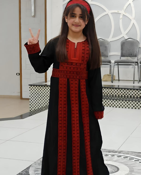 Palestinian Embroidered Red Abaya For Kids