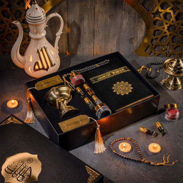 Kaaba-Style Quran, Musk Oils,rosary, Incense, and Burner - 11 Piece Set Gift Box