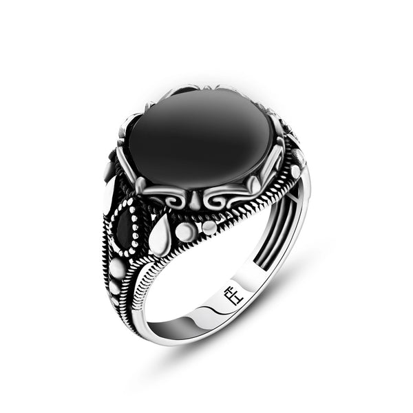 Onyx & Marcasite 925 Silver Ring for Men