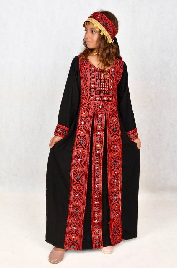 Traditional Palestinian embroidered kids dress with a matching headband
