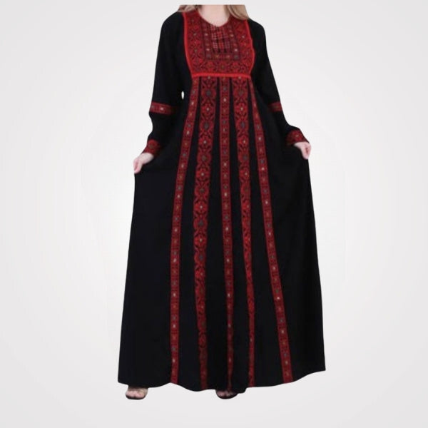 Abaya palestinienne brodée - Noir et rouge