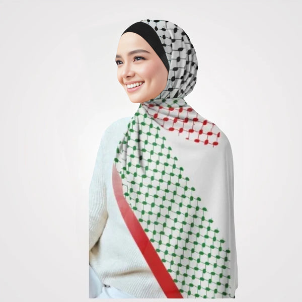 "Palestinian Flag-Inspired White Scarf with Keffiyeh Pattern - Celebrate Your Cultural Heritage and Style. Soft and durable digital chiffon material. This scarf features patterns and colors inspired by the Palestinian flag, adding cultural significance to any outfit."
