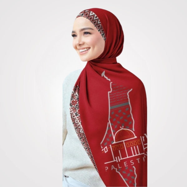 Red Chiffon Scarf with Palestine Map